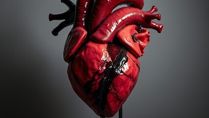 Abstract sculpture of a human heart with dark material seeping from within.