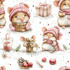 Watercolor seamless pattern with cute Christmas mice and winter gifts. Hand painted mouse seamless pattern with snow, presents and holiday sweets. Adorable watercolor winter pattern