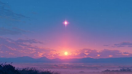 Star shines at dawn overlooking mountains and fields, sunrise in the background, perfect for meditation