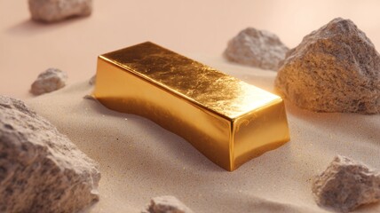 A gold bar is sitting on a sandy beach next to some rocks
