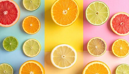 Obraz premium Bright Citrus Variety Displayed on Pastel Color Blocks with Slices of Grapefruit Orange Lemon and Lime in a Repeating Pattern Overhead Shot