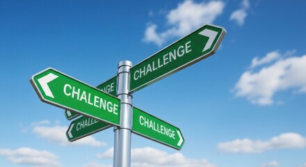 Signpost with "CHALLENGE" labels against blue sky