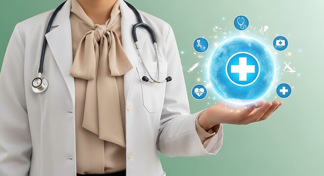 Professional Doctor Holding Healthcare Globe with Medical Icons Futuristic Concept
