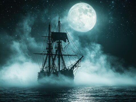 Ship sails moonlit waters, shrouded by mist under a starry night sky