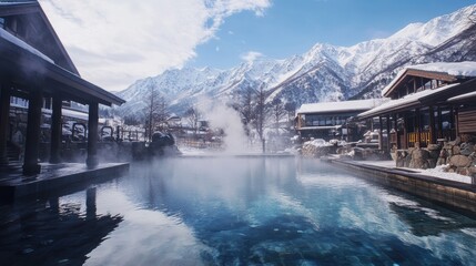 Fototapeta premium Steaming outdoor onsen in snowy mountains 