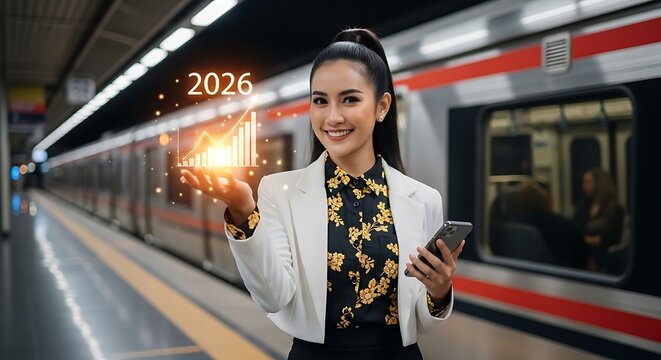 Beautiful Asian Woman Holding Digital Financial Growth Chart Display near Train Station