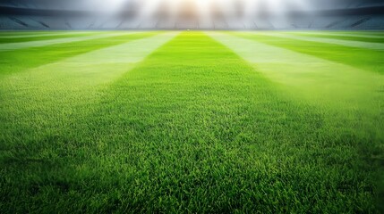 Freshly cut green stadium field with precise stripes for professional sports events in daytime.