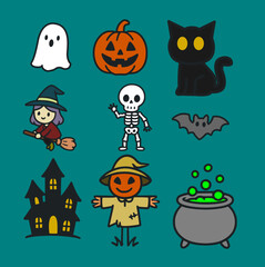 Halloween Icon Collection with Witch, Cat, Skeleton
