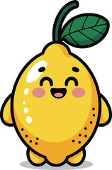 Cute Kawaii Cartoon Yellow Lemon Character Standing and Smiling Happily, Adorable Citrus Fruit Vector Illustration for Kids' and Healthy Food Design