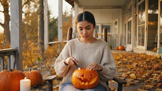 Creating a Halloween pumpkin carving on a cozy porch