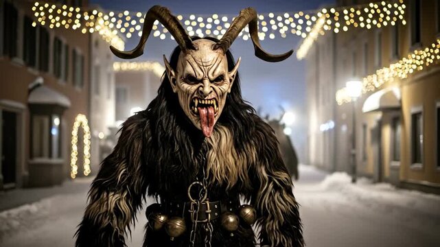 Creepy Krampus in Winter Town - A chilling video of Krampus, a traditional figure from Alpine folklore, standing in a snowy town street at night.