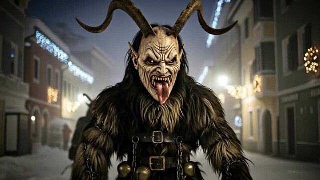 Krampus Parade in Winter Town - A chilling scene from a Krampus parade at night. A figure in a traditional Krampus costume with a menacing mask stands in the foreground, walking the street with