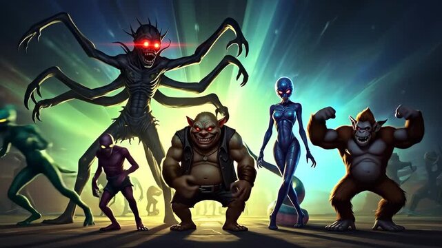 Monster Dance: Cinematic Alien Creature Group - A group of diverse alien creatures is gathered together, with a cinematic art style and high-quality video.
