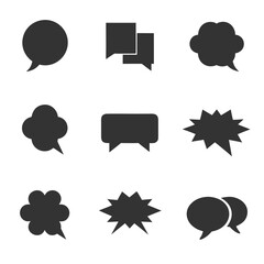 Collection of nine dark gray speech bubble icons on a white background talk chat
