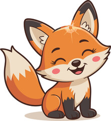 Cute Cartoon Fox Character Sitting and Smiling Happily with Glistening Eyes, Adorable Forest Animal Vector Illustration for Kids' and Nature Design