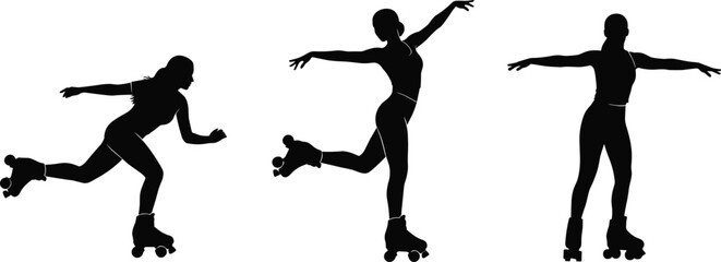 Black roller skating silhouettes showing speed, balance, and graceful movement in dynamic poses, vector illustration for sports, fitness, lifestyle design