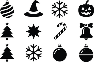 Black and white Christmas icon set, holiday symbols collection with tree, ornament, bell, bow, snowflake, candy cane, pumpkin