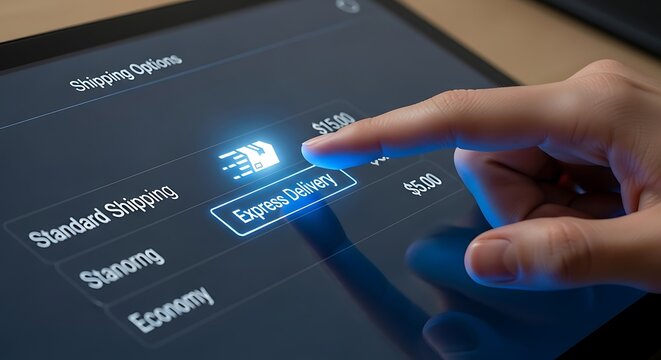 Closeup of a persons hand selecting the express delivery option on a digital tablet, showcasing the convenience of online shopping and fast shipping services for customers