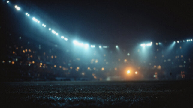 Electric stadium lights illuminate a dark atmospheric night scene creating an exciting and vibrant sports event ambiance