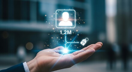 A hand holding a digital display of a person icon with 12 million followers, symbolizing social media influence and audience engagement in the digital age