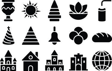 Black and white icon set with holiday, house, church, castle, tree, sun, lotus, bread, bell, drink, globe symbols