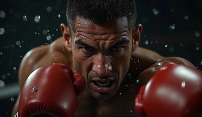 Athletic man in boxing gloves practicing punches, captured with sweat and intensity in a dark sports atmosphere