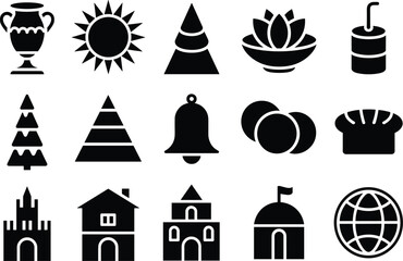 Black and white icon set with holiday, house, church, castle, tree, sun, lotus, bread, bell, drink, globe symbols