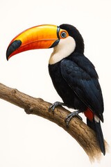 Naklejka premium Illustration of a toucan perched on a branch, showcasing its vibrant orange beak, black plumage, and white throat.