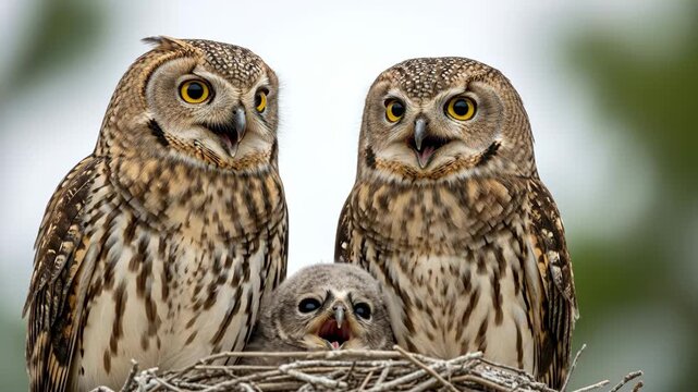 Family of Owls in a Nest - A beautiful video featuring a pair of adult owls flanking a baby owlet in a nest. The owls have their beaks open, and all three birds are facing the viewer.