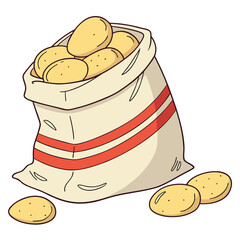 A coarse beige sack with red stripes is filled with yellowish-brown potatoes, some spilling onto the ground. The open top reveals the contents, suggesting storage or transport.