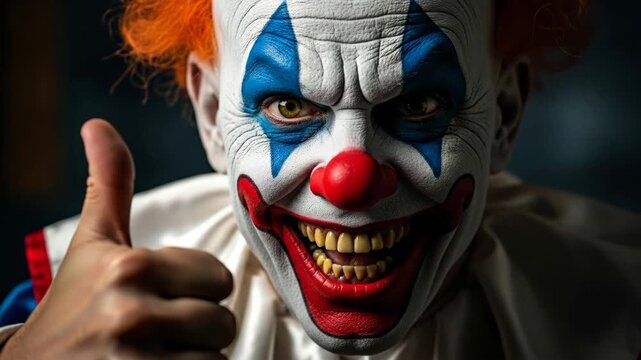 Scary Clown with Thumbs Up - A close-up portrait of a creepy clown with a large smile and colorful makeup. The clown is giving a thumbs-up, with a background.