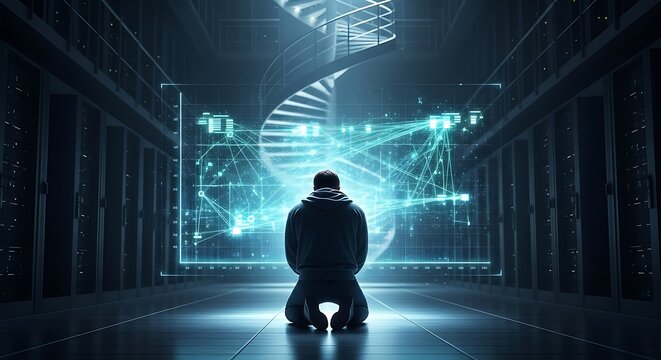 Man Kneeling Before Futuristic DNA Hologram in Dark Laboratory.