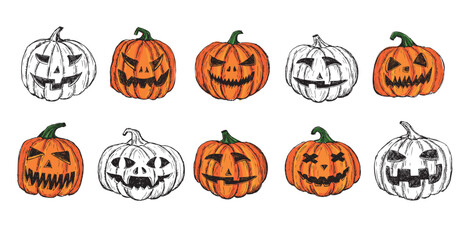 Halloween pumpkins set on white. Hand drawn illustration.	
