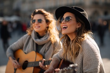 Two women are sitting on the ground, one of them playing a guitar