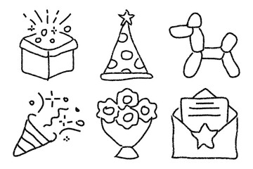Event and Party Hand Drawn Icon Set. Invitation, Gifts, Fireworks, Happy Moments