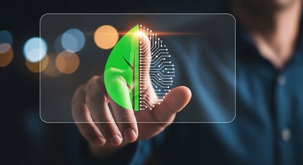 A mans hand touches a digital leaf with a circuit board pattern, symbolizing green technology, sustainability, and the integration of nature and technology for a better future