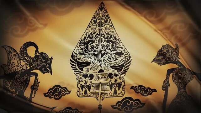 Seamless animation of javanese puppet icon pattern waving like a flag. Traditional Indonesian  motif with ethnic ornament, cultural textile design, heritage background.