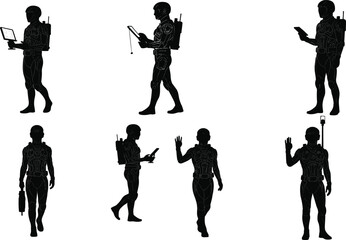 Silhouette, high-tech worker, wearable technology, field research, smart sensors, data collection, augmented reality, remote communication, futuristic gear, digital interface