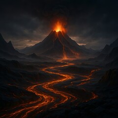 Abandoned Volcanic Landscape with Flowing Lava – Photorealistic Fantasy Scene