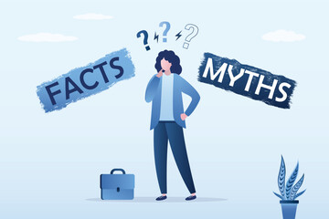 Confused businesswoman thinking and compare between facts or myths. Reality versus mythology knowledge concept. Myths vs Facts, true or false information, fake news or fictional