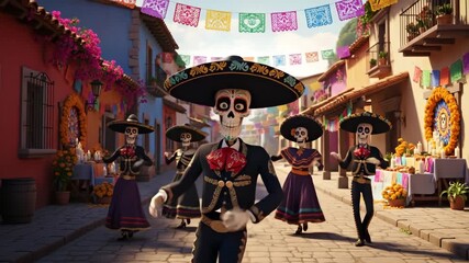 Mariachi Skeletons Dancing in a Mexican Village - An animated scene depicts mariachi skeletons salsa dancing in a colorful Mexican village.