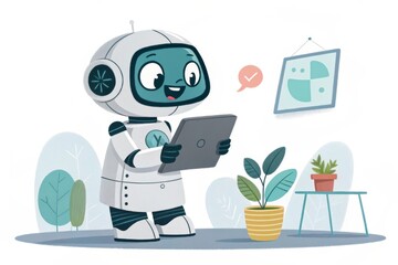 Smiling Robot Assistant Holding a Tablet Device Indoors