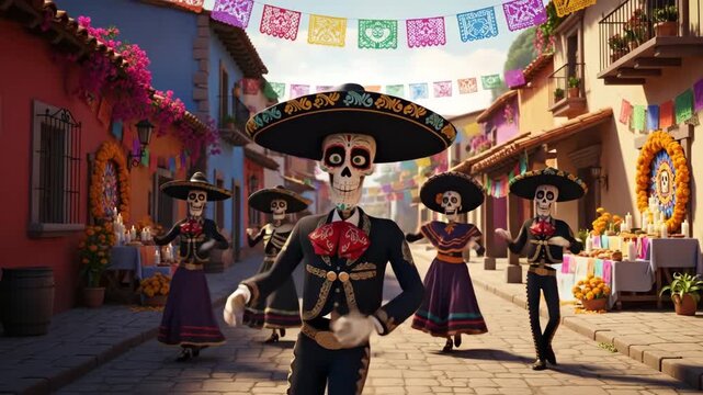 Mariachi Skeletons Dancing in a Mexican Village - An animated scene depicts mariachi skeletons salsa dancing in a colorful Mexican village.