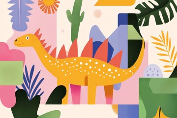 Vibrant dinosaur with colorful leaves and abstract shapes for kids decor