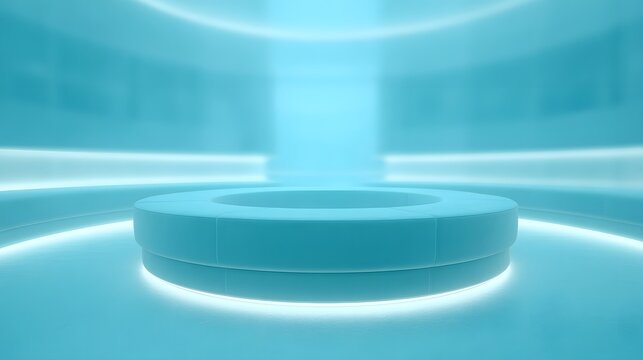EV charging hub lounge blurred immersive circular seating pod with neon cyan glow