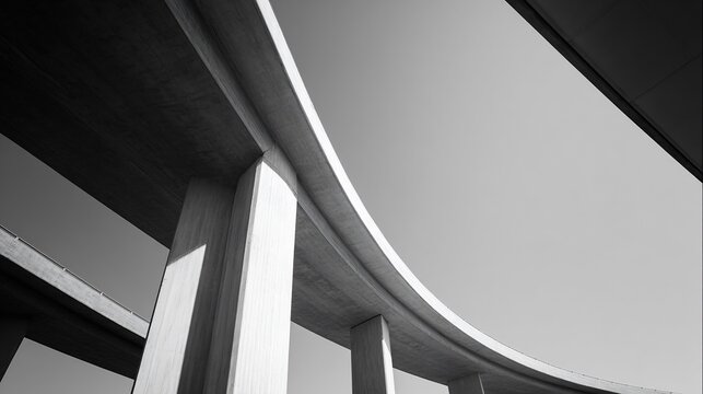 Architectural view of a curved concrete overpass against a bright sky