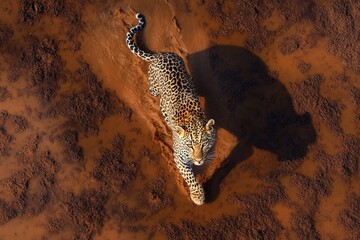 Aerial view of leopard traversing muddy terrain in natural habitat