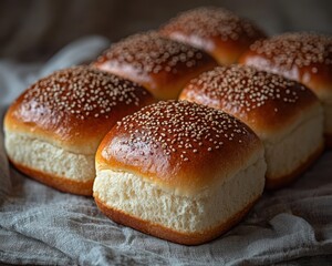 Stack of golden, square sesame seed buns on textured linen