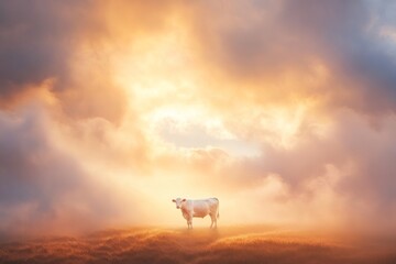 Naklejka premium Surreal image of a lone cow in a dreamlike misty landscape at sunrise