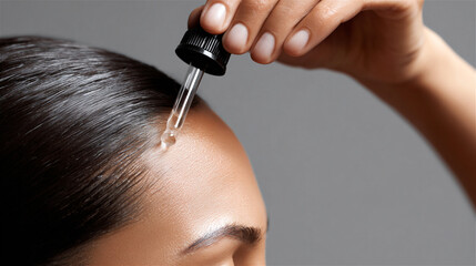 Woman's hand holding a dropper, applying a transparent liquid serum directly onto the scalp near the hairline, emphasizing hair regrowth and beauty treatment